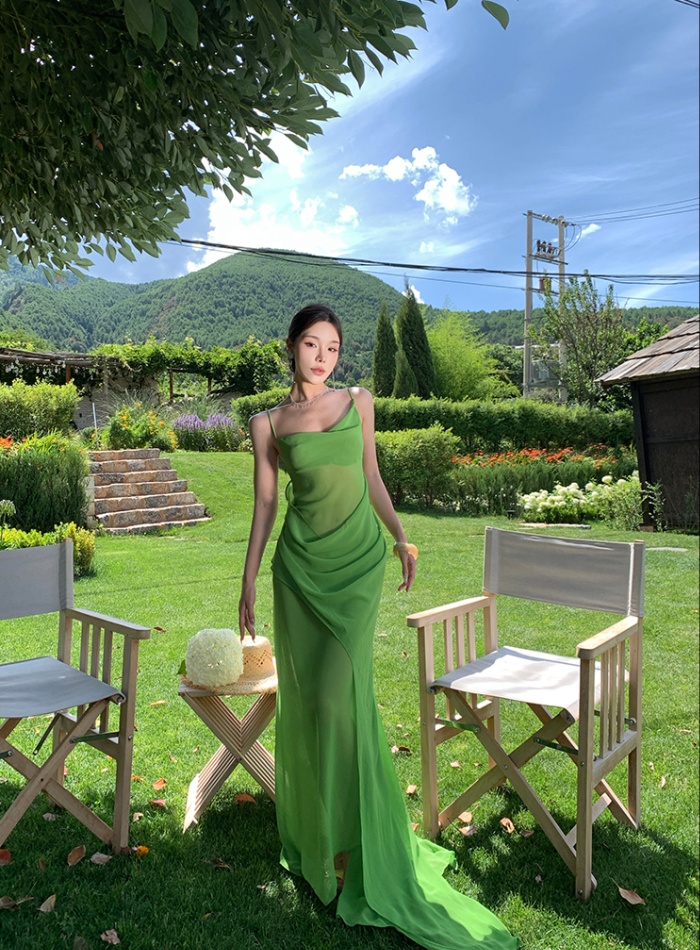 Green seaside dress sling long dress for women
