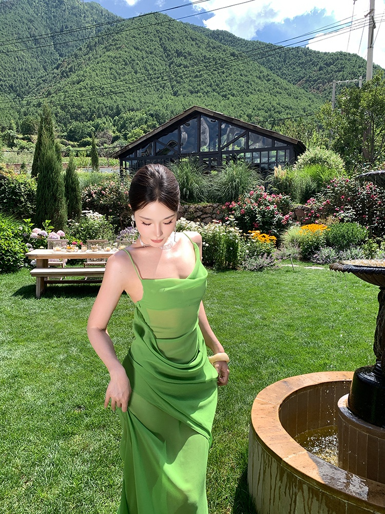 Green seaside dress sling long dress for women