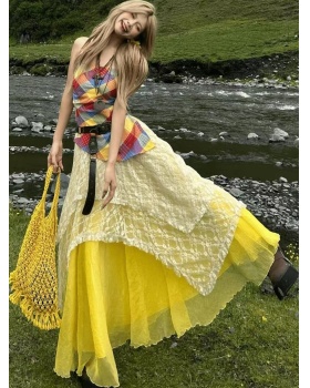 Lace plaid white short skirt yellow sling dress 3pcs set