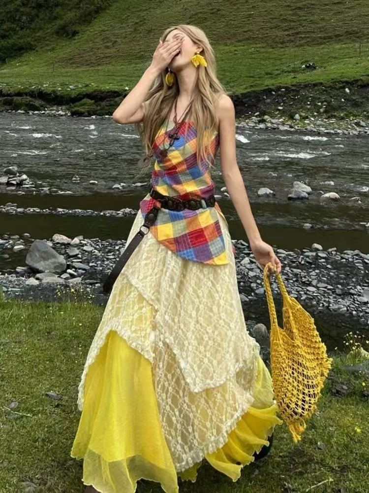Lace plaid white short skirt yellow sling dress 3pcs set