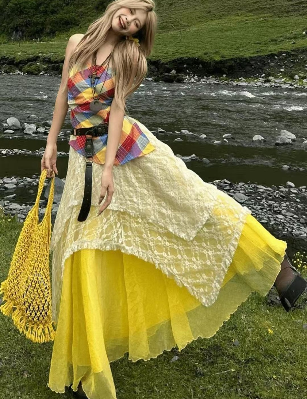 Lace plaid white short skirt yellow sling dress 3pcs set