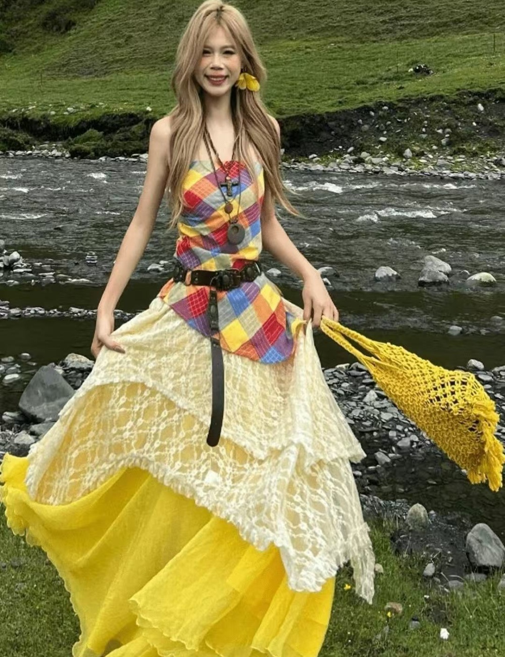 Lace plaid white short skirt yellow sling dress 3pcs set