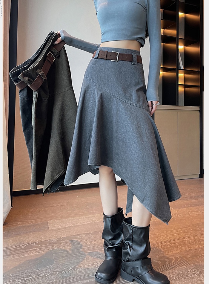Slim high waist retro A-line irregular long skirt