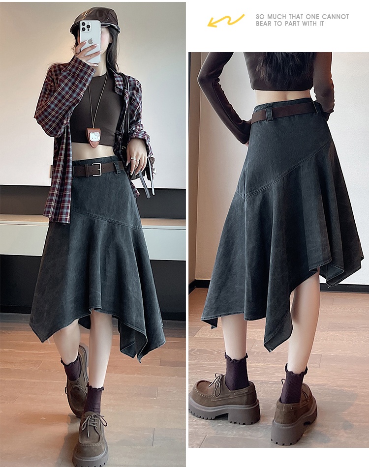 Slim high waist retro A-line irregular long skirt