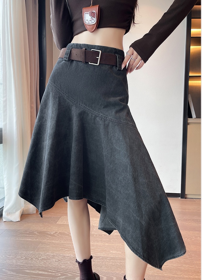 Slim high waist retro A-line irregular long skirt
