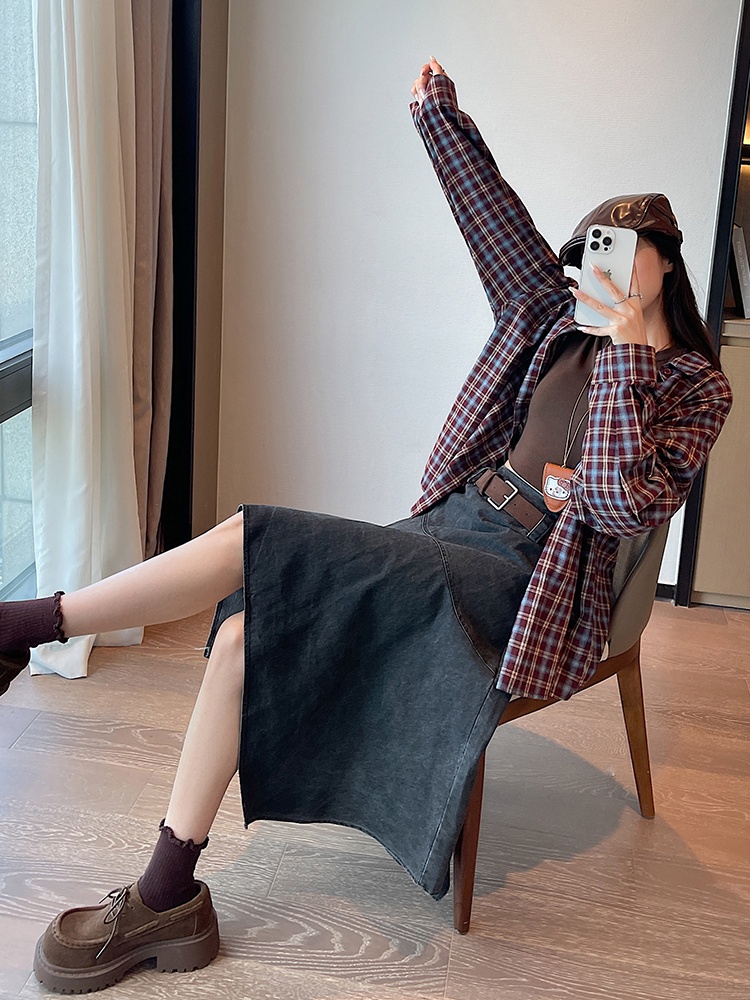 Slim high waist retro A-line irregular long skirt