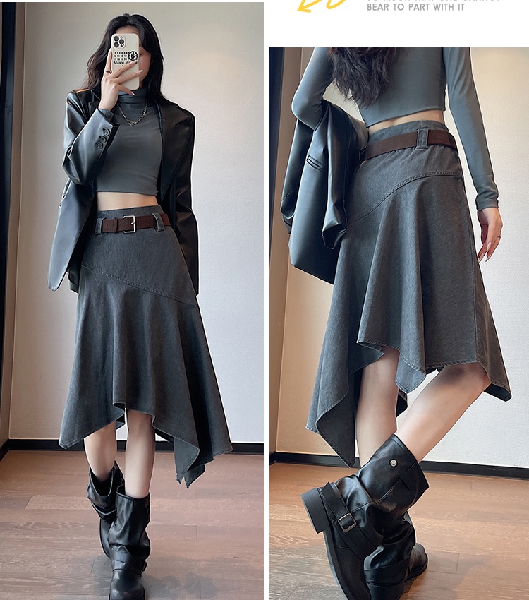 Slim high waist retro A-line irregular long skirt