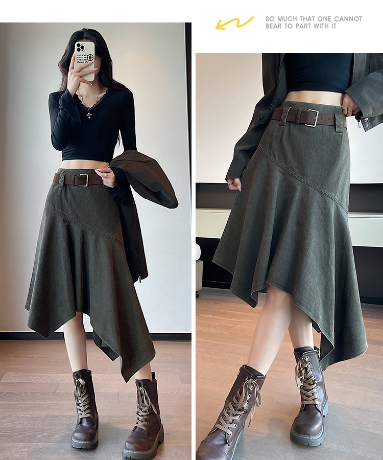 Slim high waist retro A-line irregular long skirt