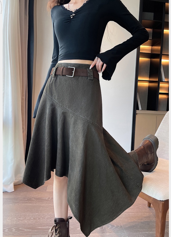 Slim high waist retro A-line irregular long skirt