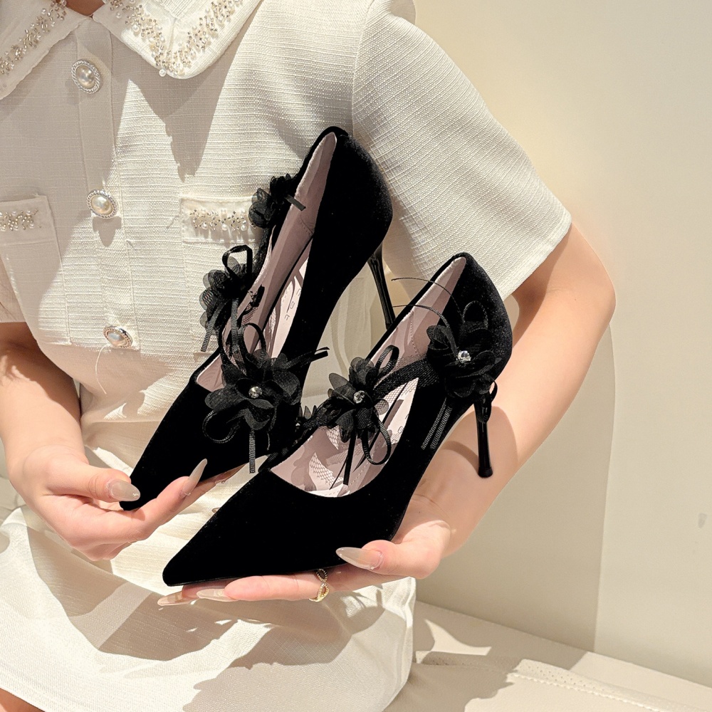 Bow low France style shoes pointed fine-root high-heeled shoes