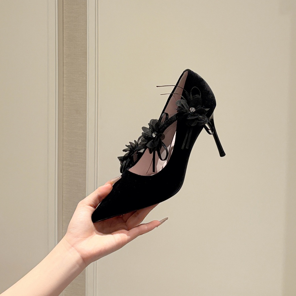 Bow low France style shoes pointed fine-root high-heeled shoes