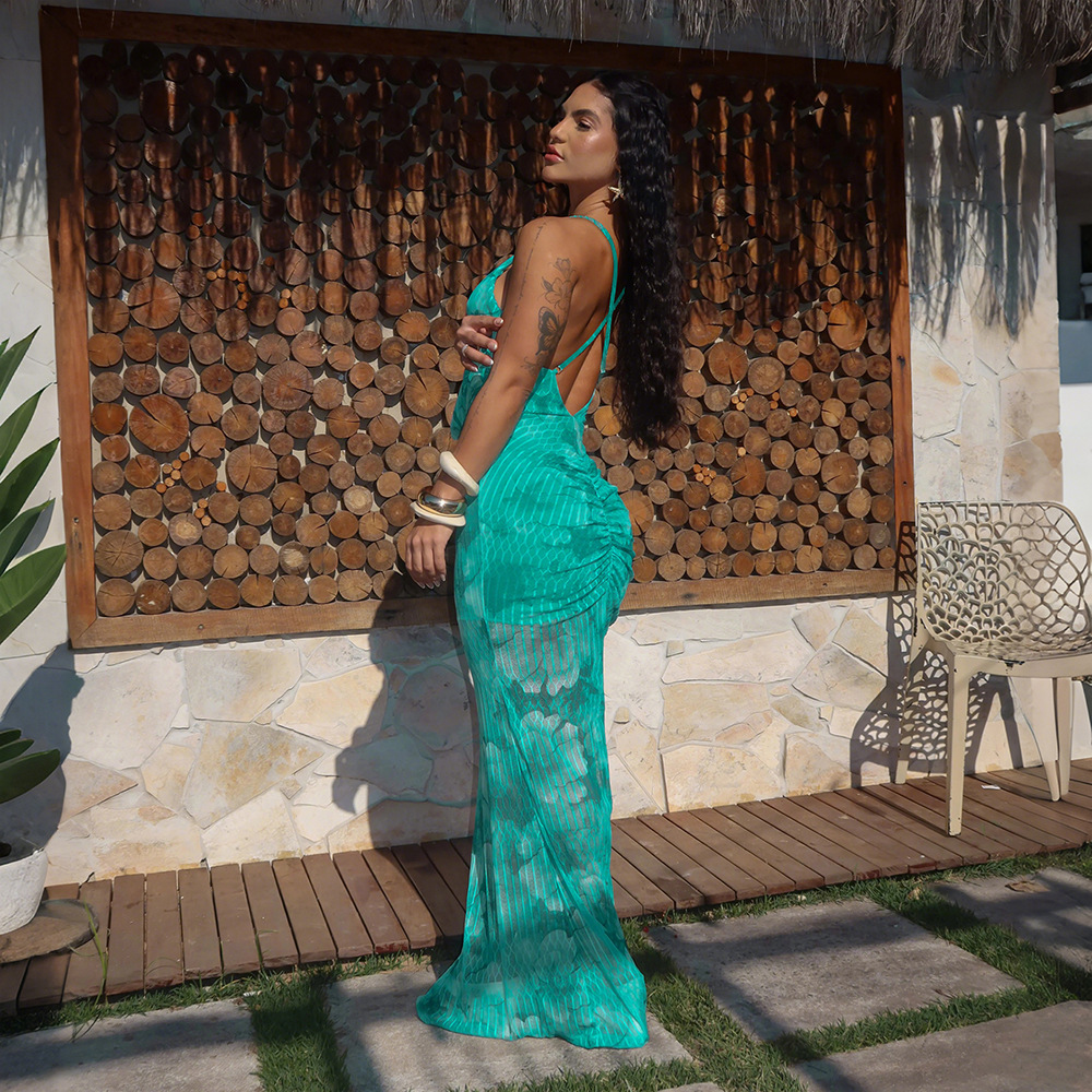 Sling European style slim long dress sexy V-neck dress