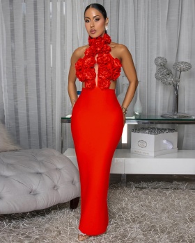Sexy halter dress big flower evening dress