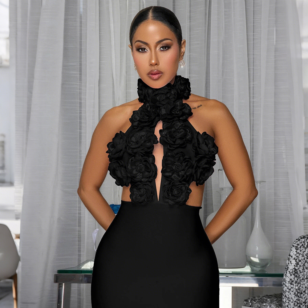 Sexy halter dress big flower evening dress
