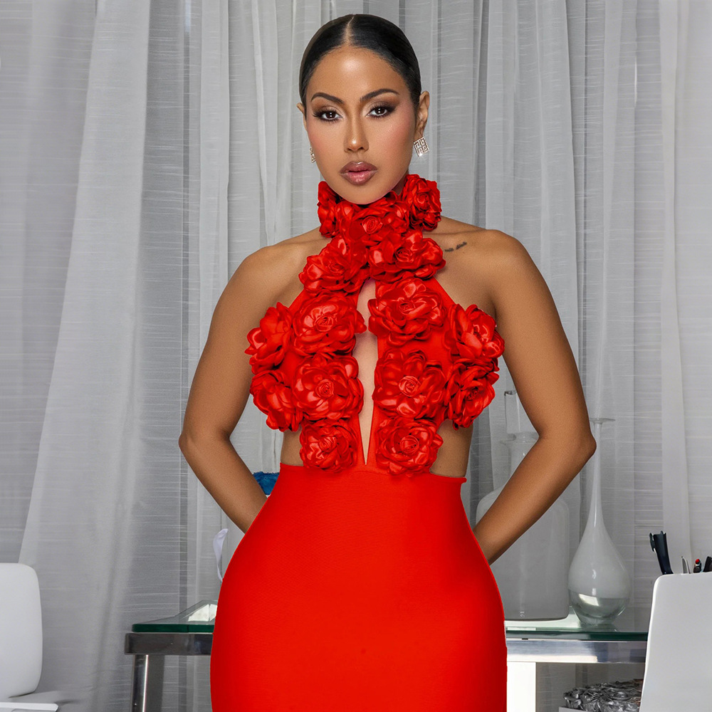 Sexy halter dress big flower evening dress