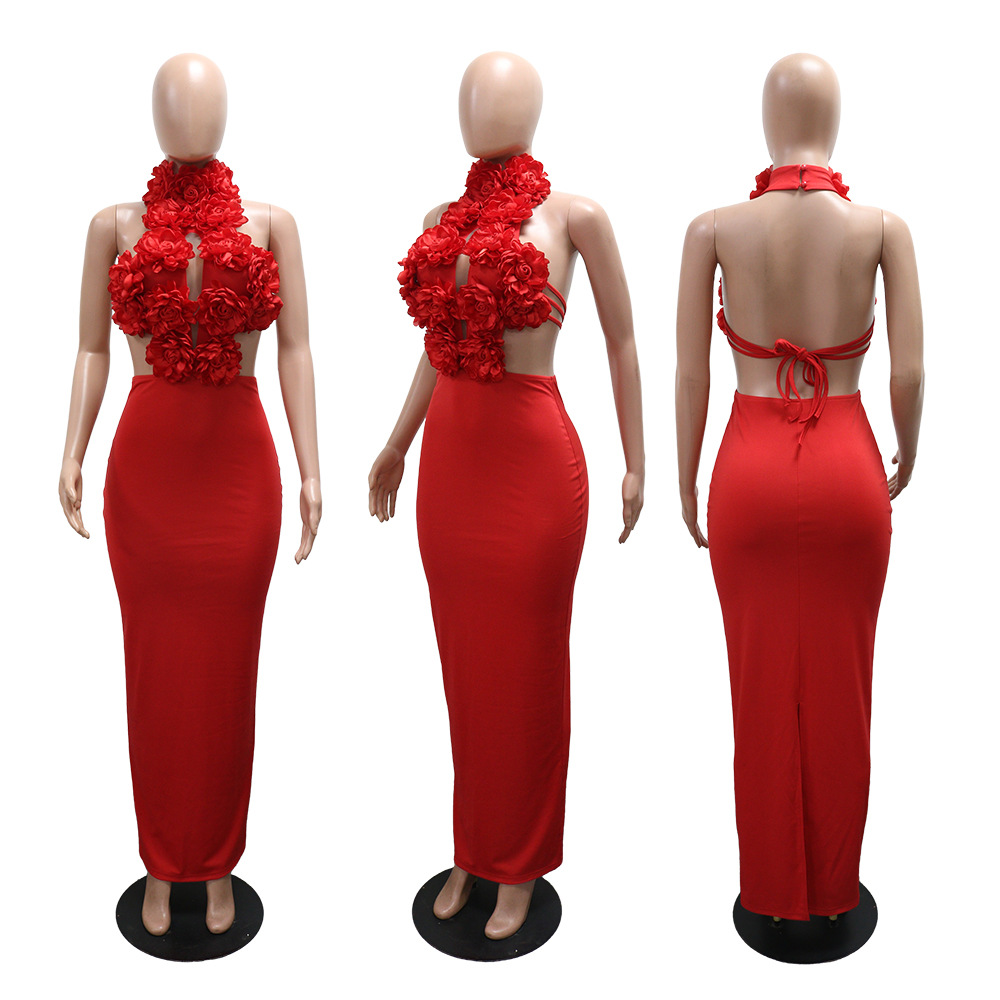 Sexy halter dress big flower evening dress