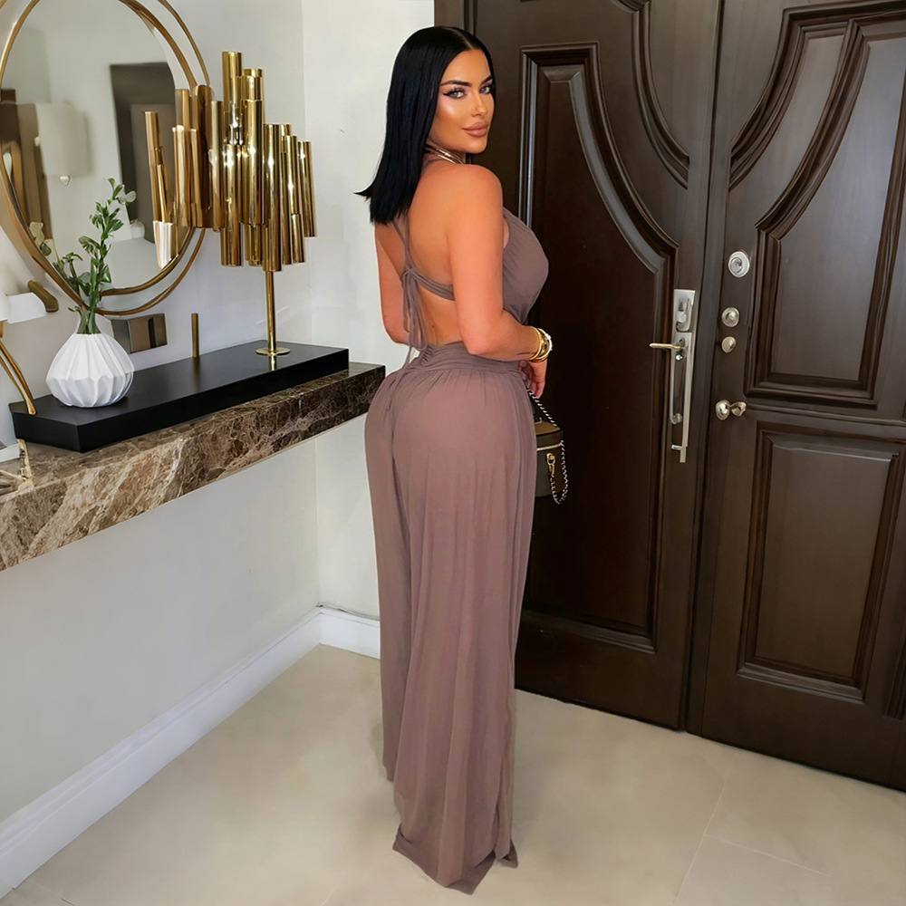 European style sexy jumpsuit perspective long pants for women