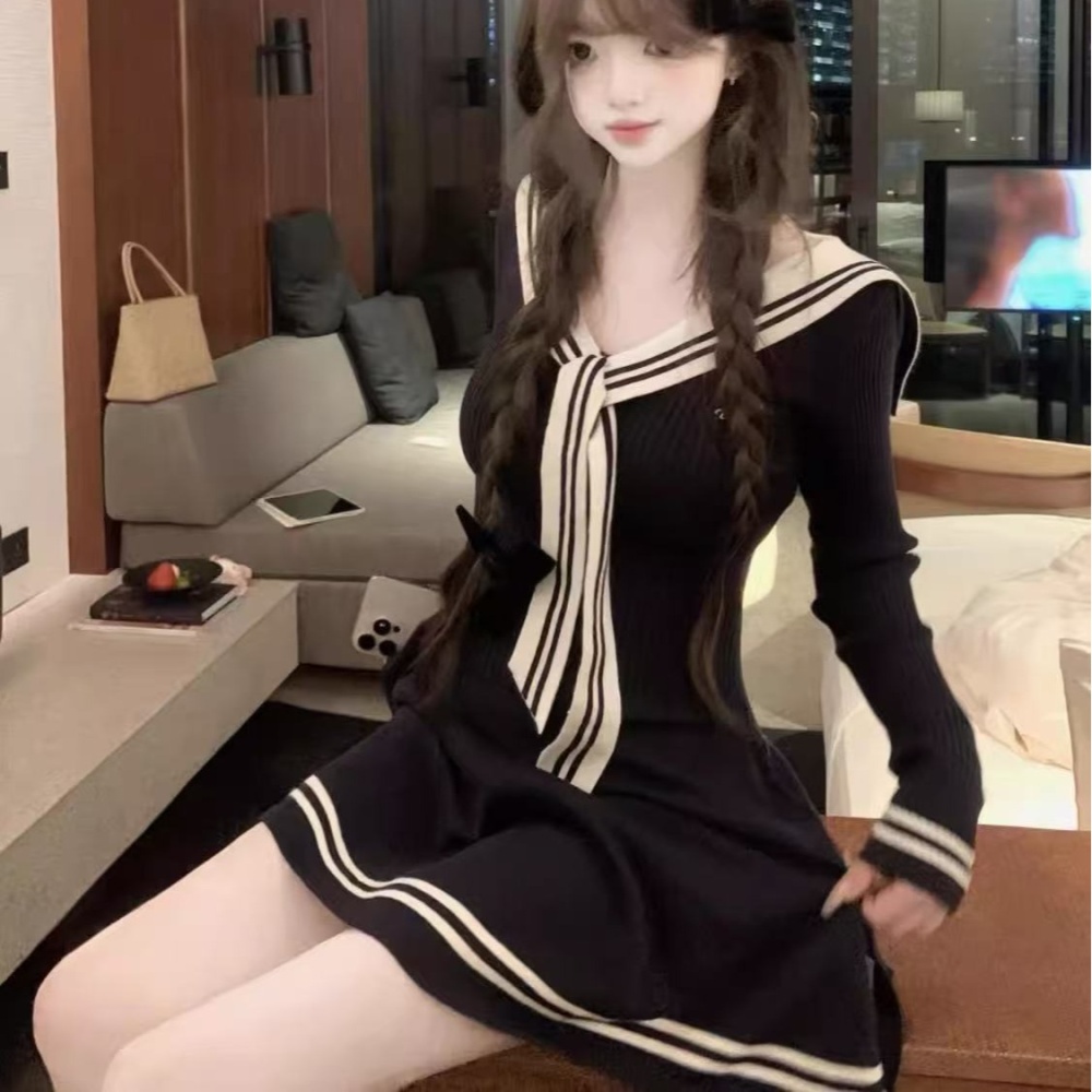 Autumn and winter slim enticement knitted college style dress