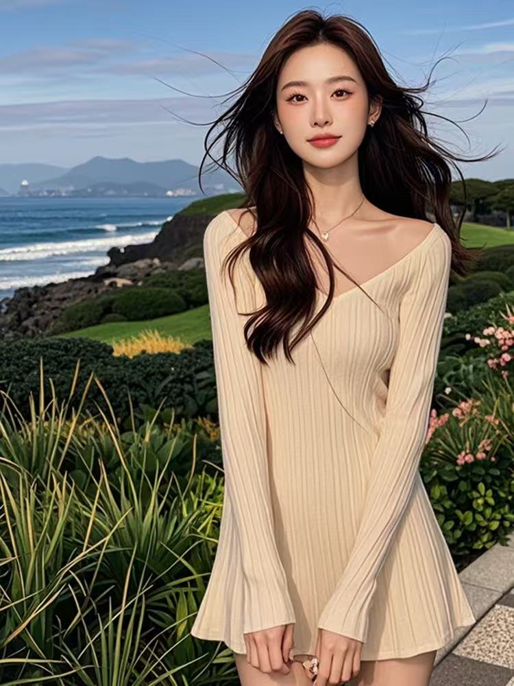Slim temperament autumn and winter knitted tender dress