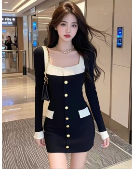 Knitted mixed colors Korean style single-breasted dress