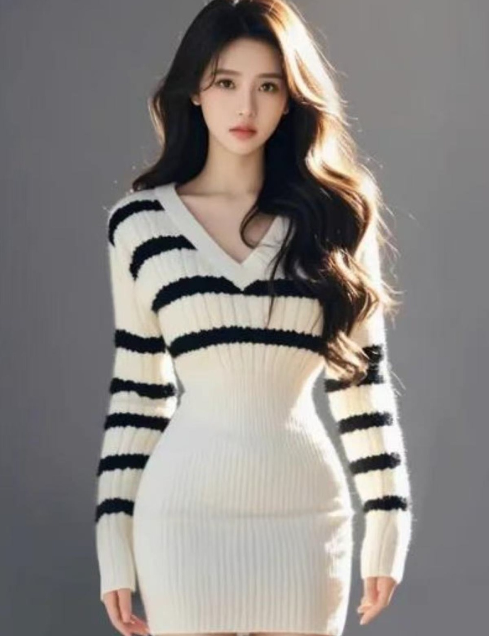 V-neck autumn and winter sweater dress knitted dress