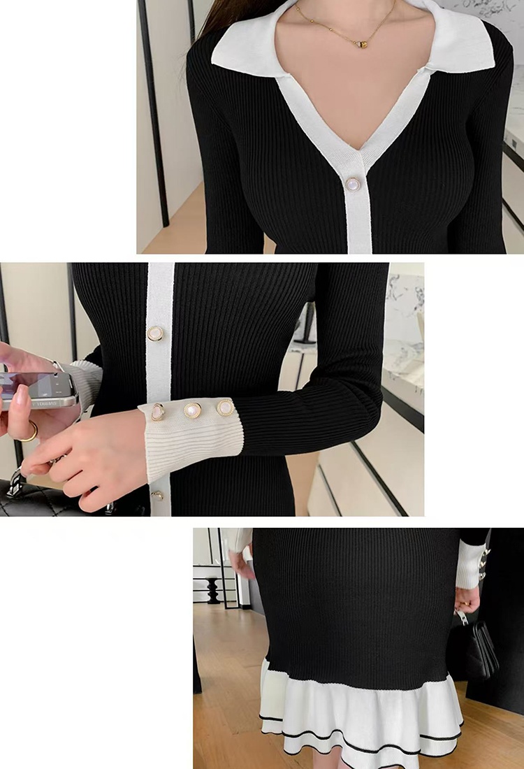 Knitted slim black-white lotus leaf edges dress