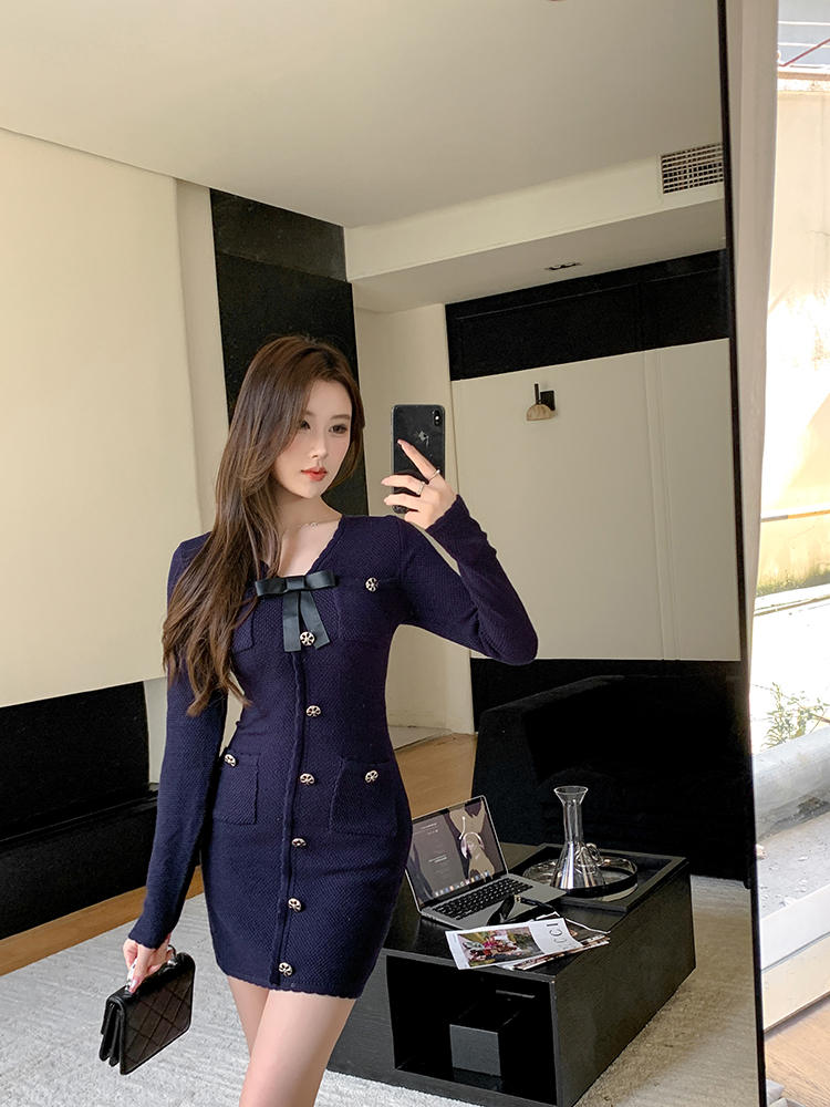 Knitted pinched waist France style dress for women
