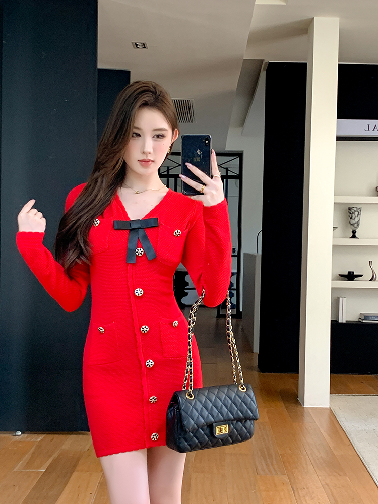 Knitted pinched waist France style dress for women