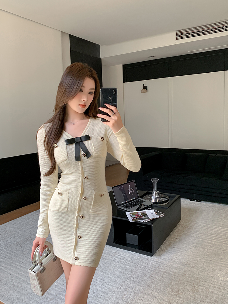 Knitted pinched waist France style dress for women