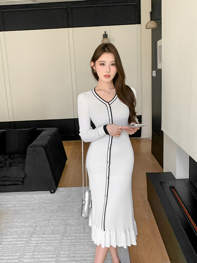 Long sleeve long dress mixed colors dress for women
