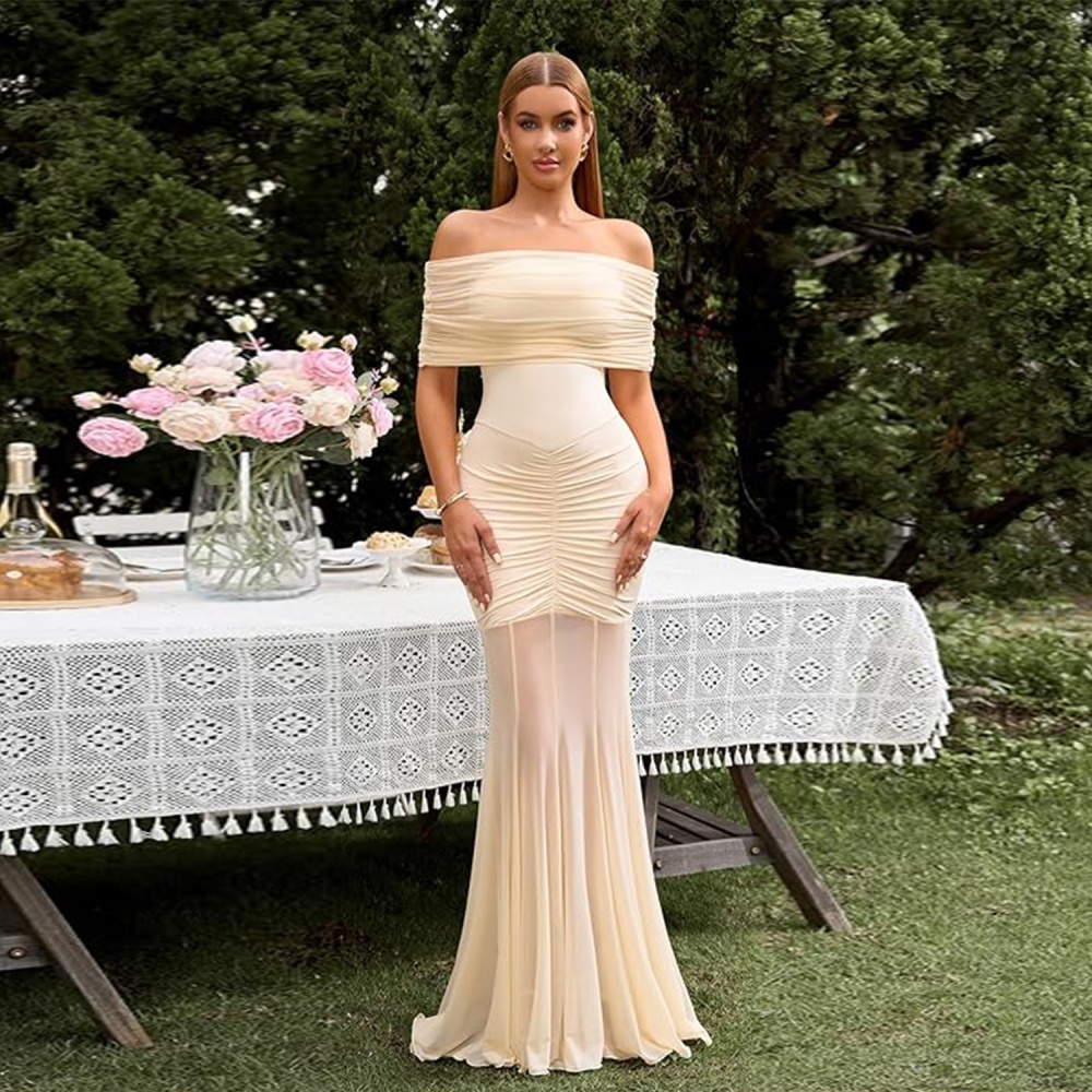 Gauze sexy flat shoulder European style dress for women