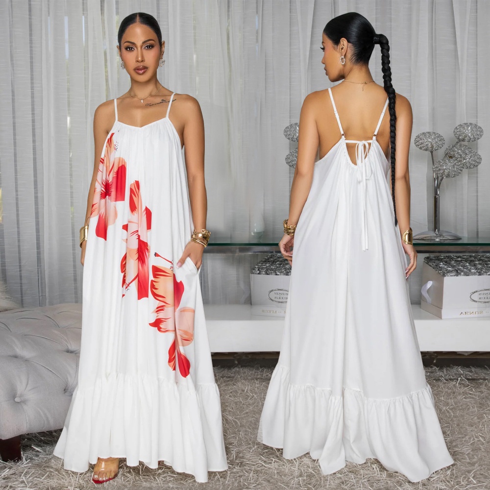 Sling flowers European style printing sexy fashion dress