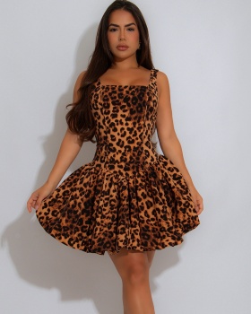 Halter leopard dress sexy shoulder strap T-back for women