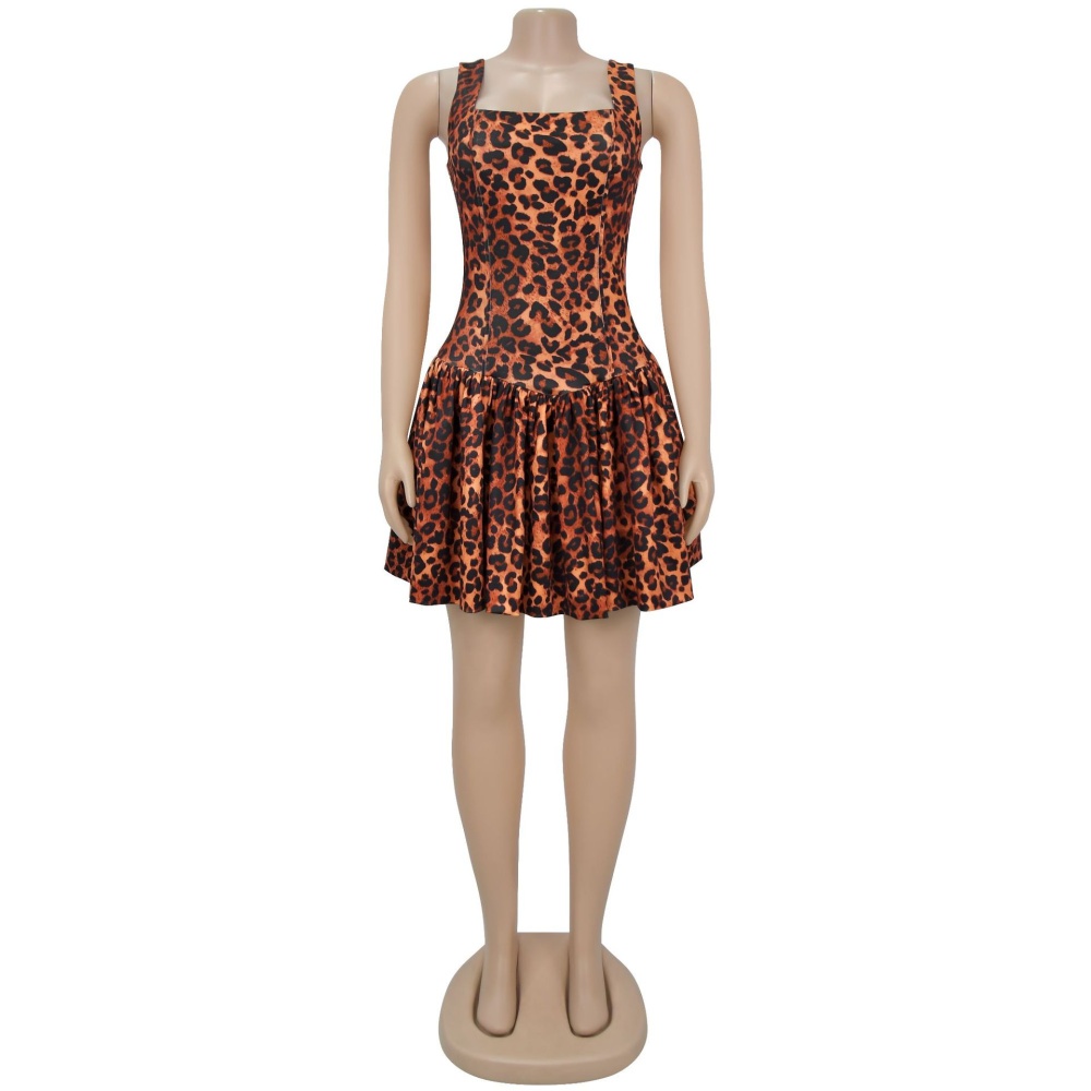 Halter leopard dress sexy shoulder strap T-back for women