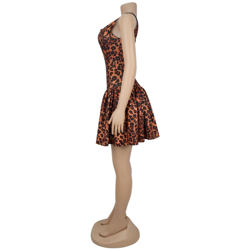 Halter leopard dress sexy shoulder strap T-back for women