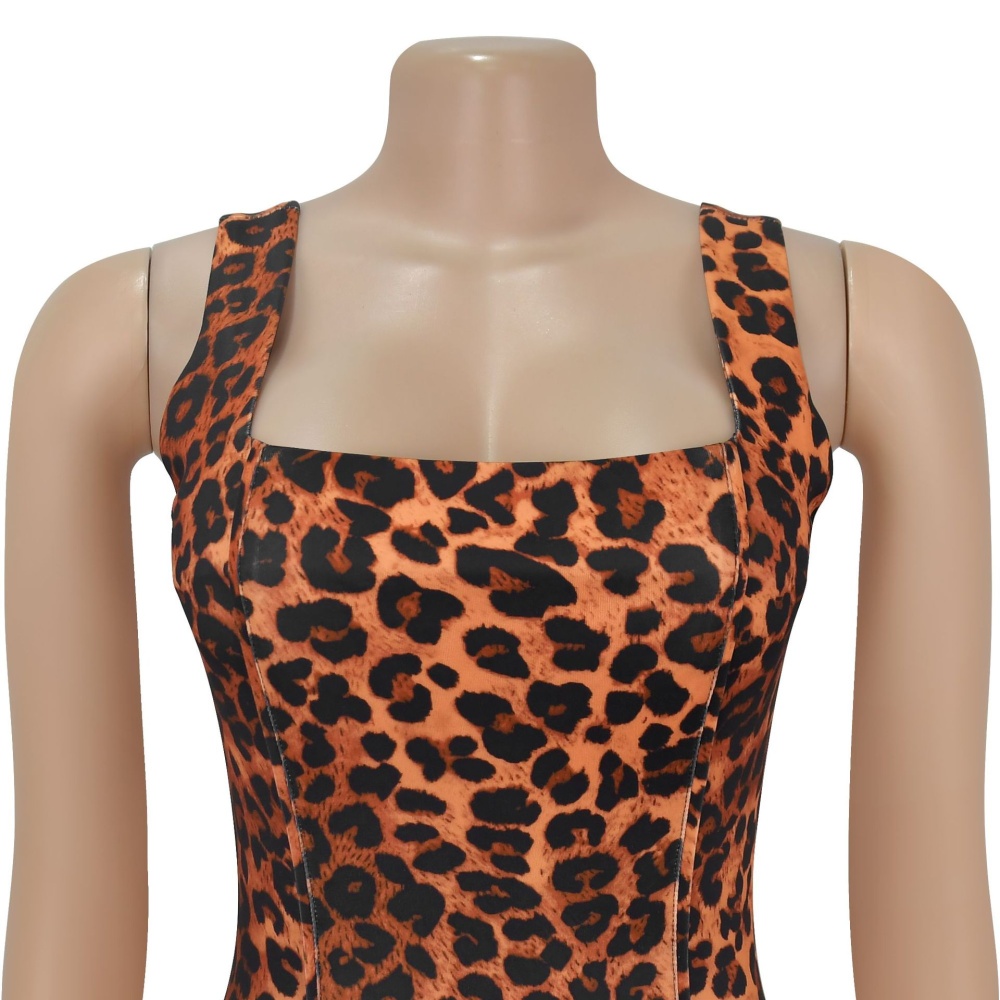 Halter leopard dress sexy shoulder strap T-back for women