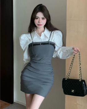 Slim sling shirt Korean style package hip dress 2pcs set