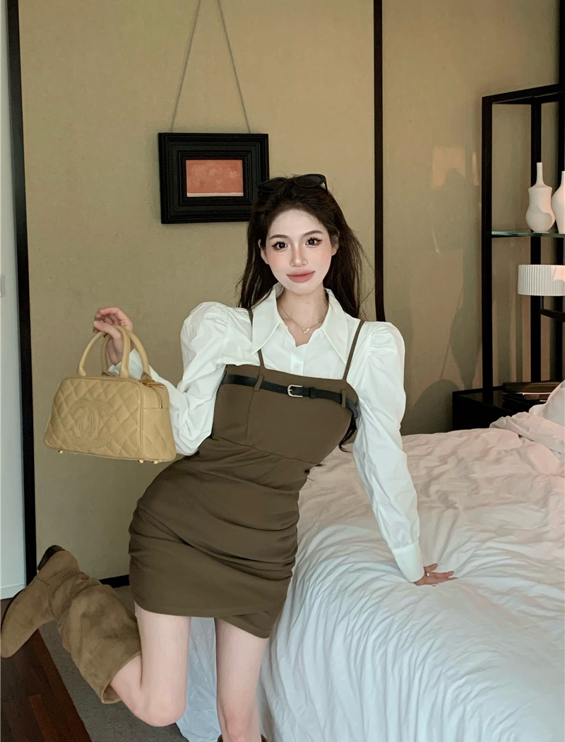 Slim sling shirt Korean style package hip dress 2pcs set