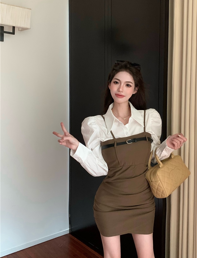 Slim sling shirt Korean style package hip dress 2pcs set