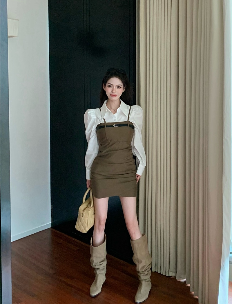 Slim sling shirt Korean style package hip dress 2pcs set