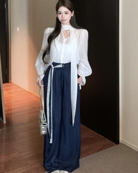Korean style wide leg pants shirt 2pcs set