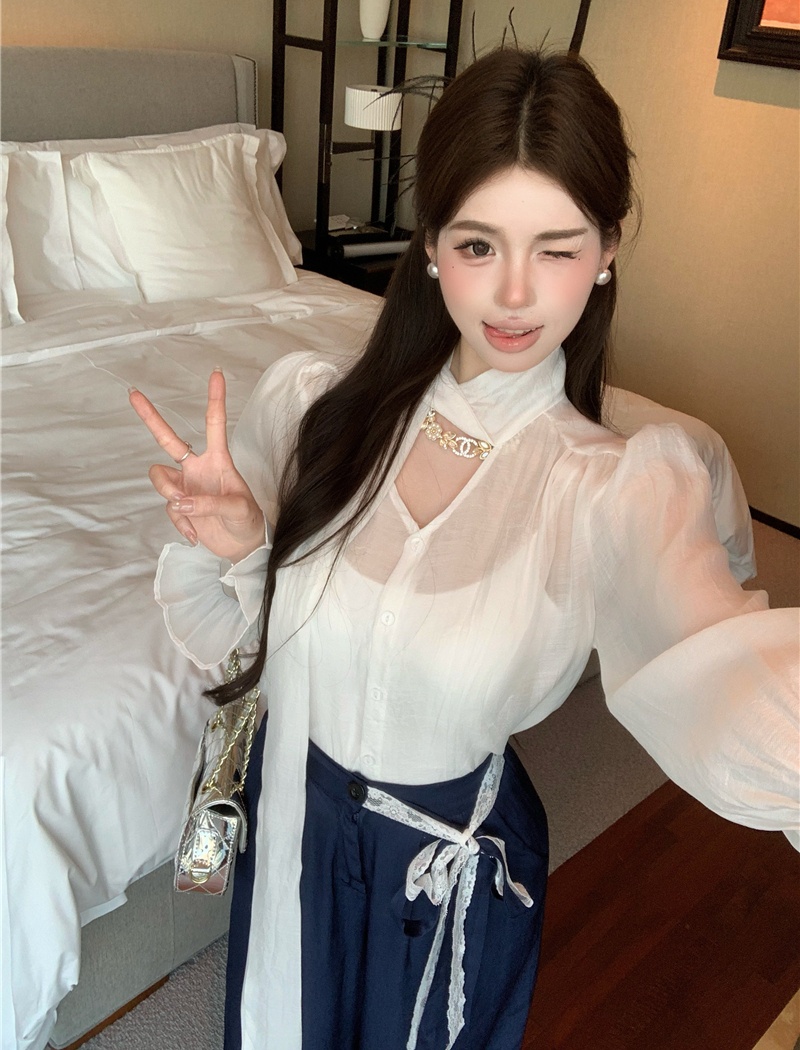 Korean style wide leg pants shirt 2pcs set