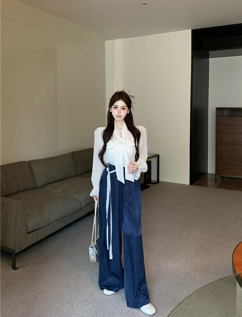 Korean style wide leg pants shirt 2pcs set