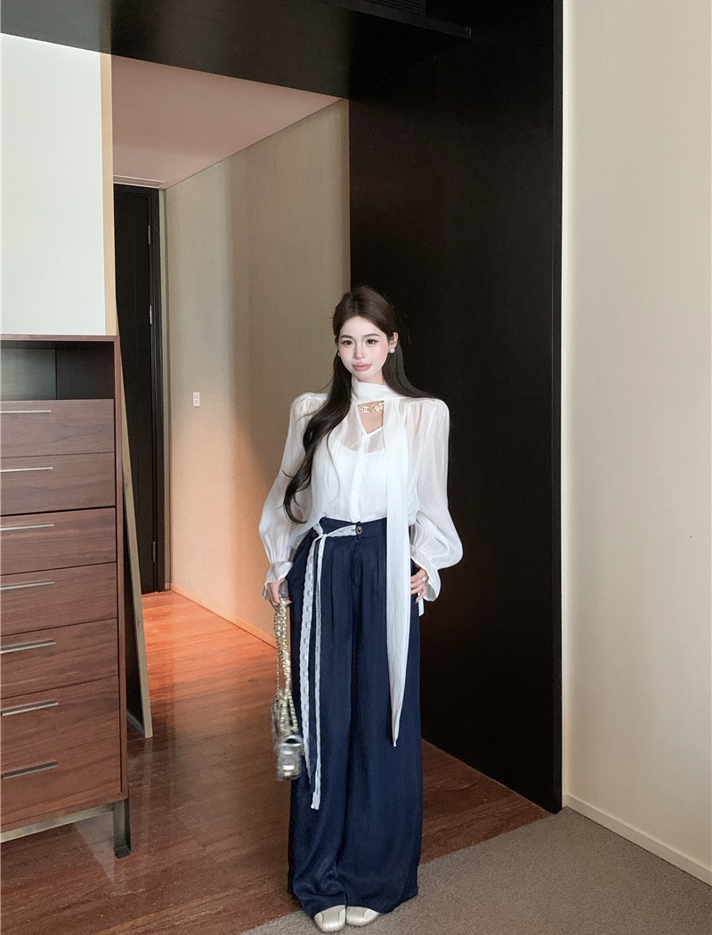Korean style wide leg pants shirt 2pcs set