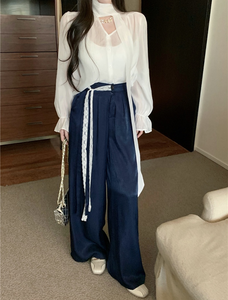 Korean style wide leg pants shirt 2pcs set