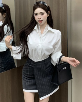 Lace enticement skirt long sleeve shirt 2pcs set for women
