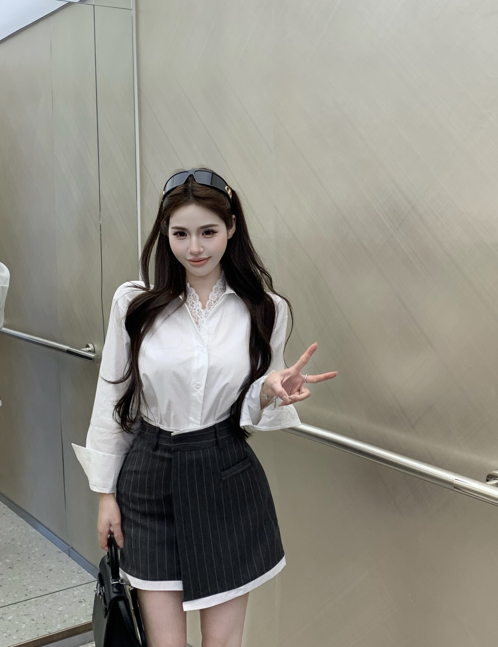 Lace enticement skirt long sleeve shirt 2pcs set for women