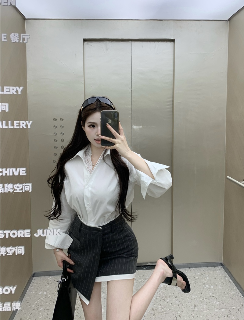 Lace enticement skirt long sleeve shirt 2pcs set for women