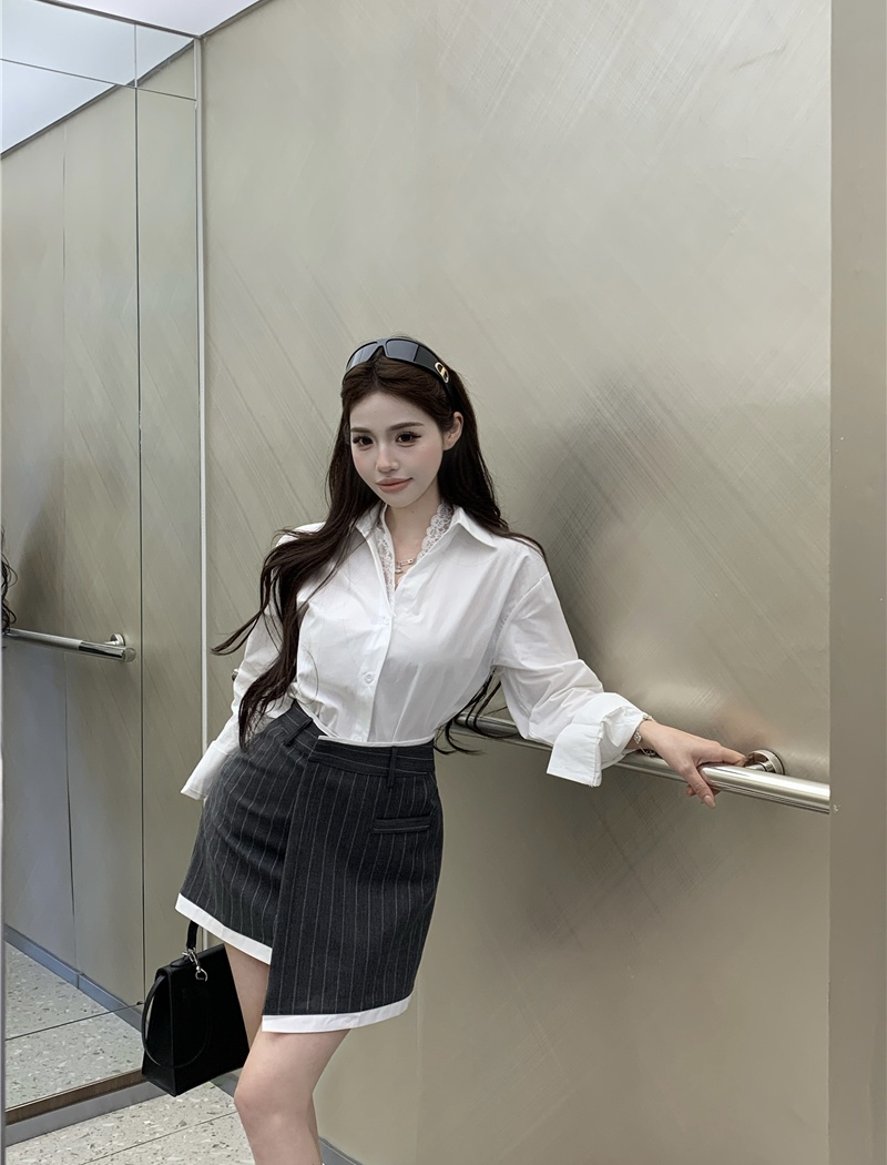 Lace enticement skirt long sleeve shirt 2pcs set for women