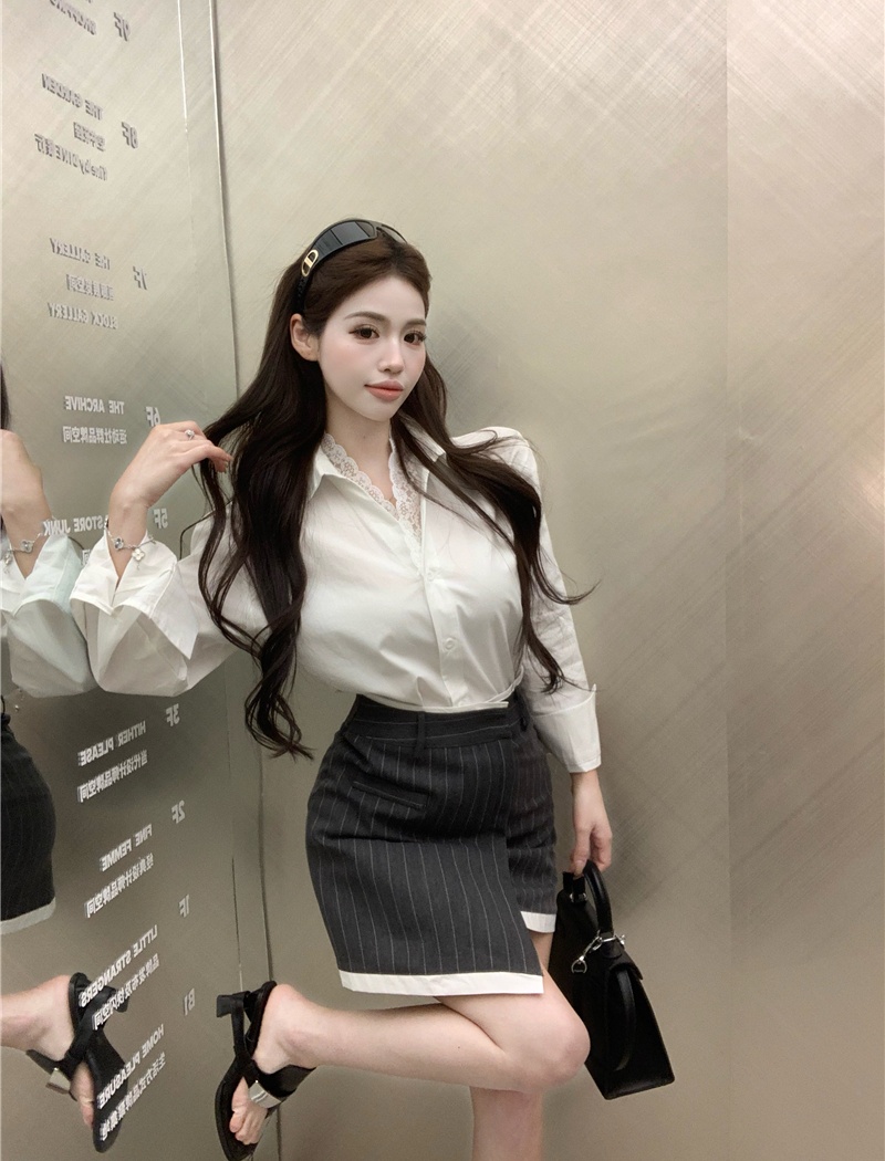 Lace enticement skirt long sleeve shirt 2pcs set for women